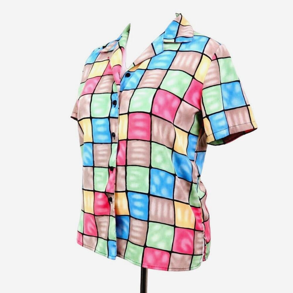 Vintage Checkered Size M 90's Button Up Shirt Bright Pastels Novelty